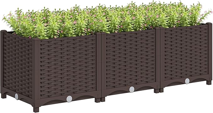 Outsunny 4 x 1 x 1 ft Raised Garden Bed, Indoor Outdoor Plastic Planter Box with Drainage Holes, Drain Plugs and Water Reservoirs for Vegetables, Herbs, Flowers & Succulents, Brown