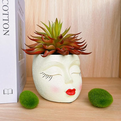 Girl Face Flower Pot Small Lady Head Planter Funny Flower Pot for Cactus Lovely Resin Head Face Planter with Anti-Friction Pads Pale Yellow 1Pack