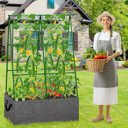 Cucumber Trellis with Grow Bag, 50 x 36 Inches Reusable Garden Vegetable Trellis with Fabric Raised Bed, Climbing Net and Plant Support Clips for Greenhouse Climbing Plants