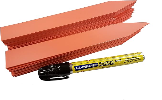 Large 1" x 8" Orange Plastic Plant Labels (Pack of 100 Labels) & 1 All-Weather Marker