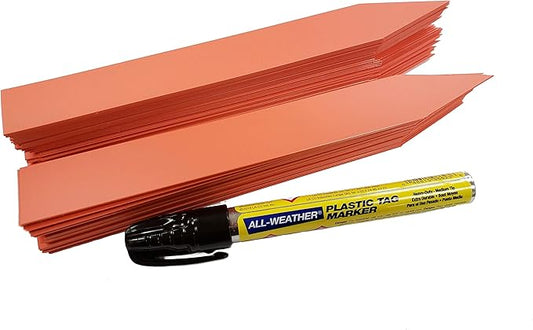 Large 1" x 8" Orange Plastic Plant Labels (Pack of 100 Labels) & 1 All-Weather Marker