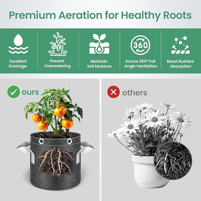 InfiniPower 5 Pack 5 Gallon Plant Grow Bags, 400G Thick Nonwoven Fabric Pots with Multi-Purpose Rings and Handles, Reusable for Low Stress Plant Training Fruits, Vegetables and Flowers
