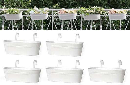 Dahey 5 Pcs Metal Iron Hanging Flower Pots for Railing Fence 15.7 Inch Hanging Bucket Pots Countryside Style Window Flower Plant Holder with Detachable Hooks for Garden Yard Home Decor, White