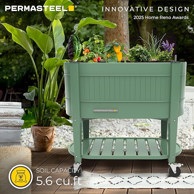 Permasteel Raised Garden Bed with Legs, 40×20×37 in, Planter Box with EnGrow™ TrueSoil™ Technology for Vegetables, Flowers, Herbs, and Fruit, Outdoor Indoor, Storage Shelf, Sage