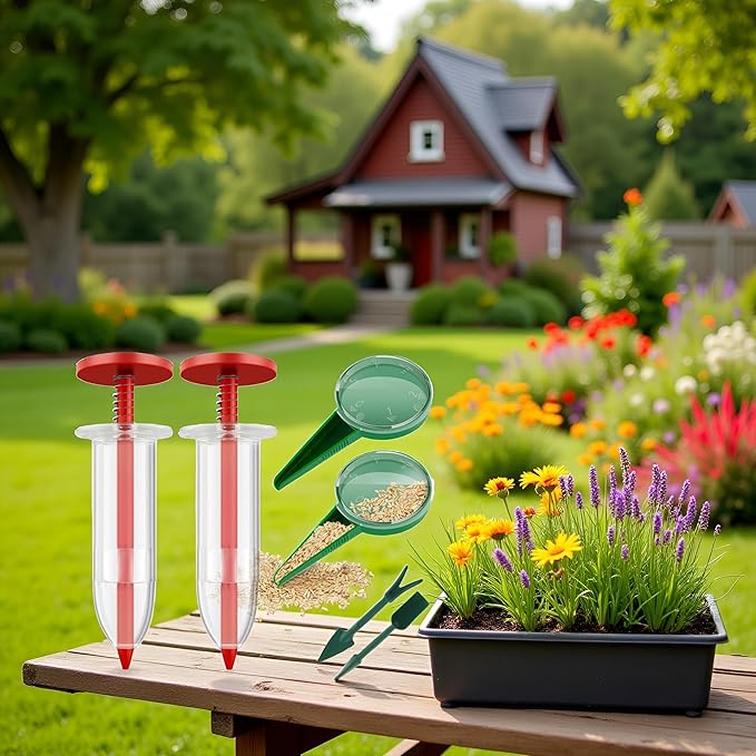 A Set of 2024 New Red Mini Seed Spreader,Mini Sowing Seed Dispenser for lawns,Handheld Seed Planter Tool,Manual Seedlings Dibber and Widger Set,Small Seed Sower for Tiny Seeds Gardening and Lawn Care