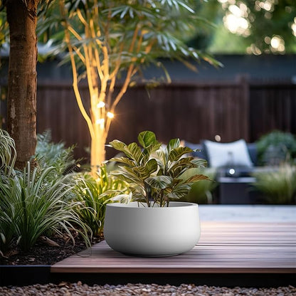 Kante 19.6" Dia Round Concrete Planter, Outdoor Indoor Garden Plant Pots with Drainage Hole and Rubber Plug, Modern Curvaceous Design, Pure White