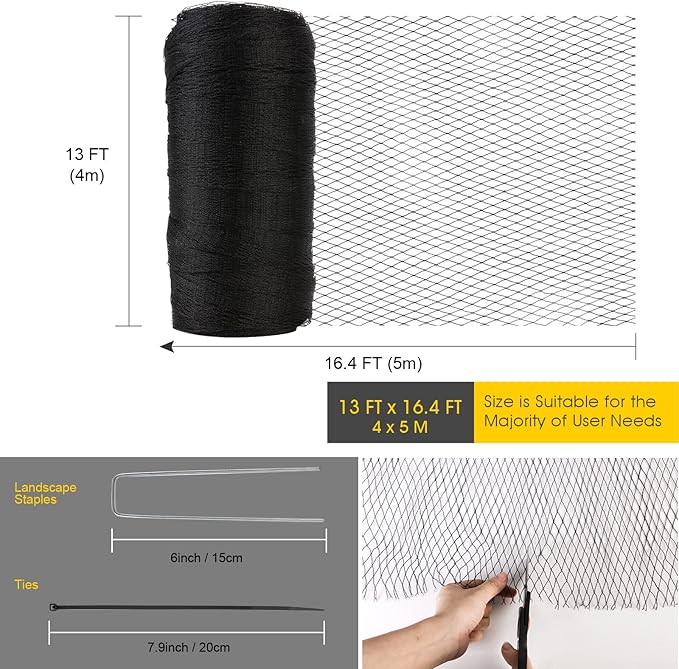 Bird Netting for Garden - 13 x 16.4 FT Heavy Duty Anti Bird Netting Mesh with Ties and Landscape Staples for Vegetable, Fruit Trees & Other Plants, Lasting Against Birds Deer Squirrels and Poultry