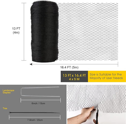 Bird Netting for Garden - 13 x 16.4 FT Heavy Duty Anti Bird Netting Mesh with Ties and Landscape Staples for Vegetable, Fruit Trees & Other Plants, Lasting Against Birds Deer Squirrels and Poultry