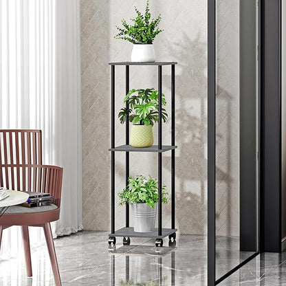 3 Tier Tall Plant Stand Indoor with Wheels, Movable Plant Shelf Metal Wood Multiple, Flower Pot Holder for Living Room Office Balcony Patio, Oak Grey