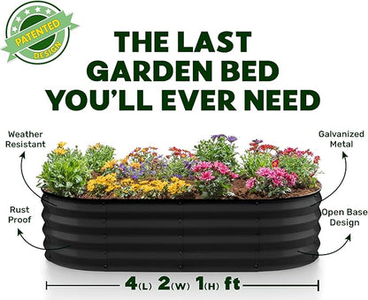 Plant & Plot Galvanized Raised Garden Beds Outdoor // 4×2×1 ft Planter Raised Beds for Gardening, Vegetables, Flowers // Large Metal Garden Box (Black) // Patented Tool-Free Design