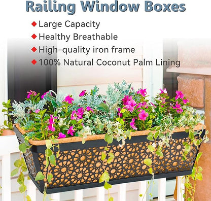 2 Pack 30" Railing Planter Window Box Deck Balcony Rail Planters Black Metal Flower Basket Horse Trough Planter with Coco Fiber Liner for Porch Fence Patio Outdoor