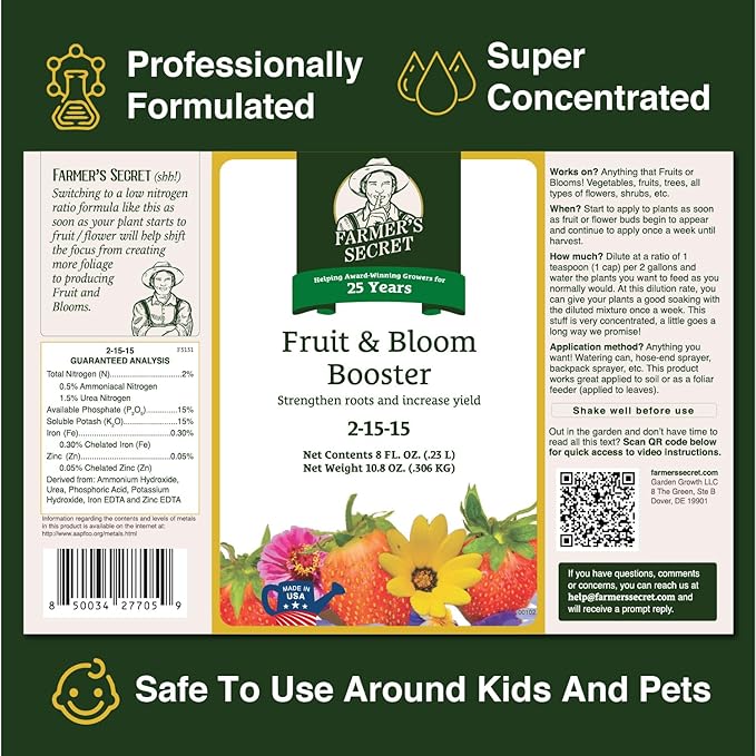 Farmer’s Secret Fruit & Bloom Booster Fertilizer (128oz) - Super Concentrated - Boosts Flowering and Yield on All Varieties of Fruits, Vegetables and Flowers