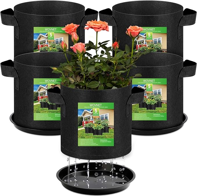 5 Pack 3 Gallon Grow Bags with 5 Plant Saucer and 5 Labels, Sturdy Fabric Plant Pots, Fabric Garden Grow Bags for Vegetables, Aeration Pots with Handles