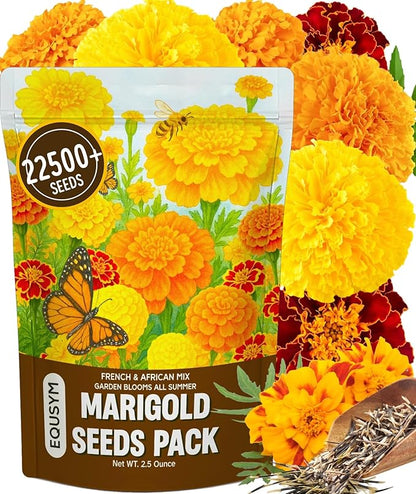 22,500+ Bulk Marigold Seeds Mix Cempasúchil - Tagetes erecta & T. patula｜High Germination Rate, Resealable Pouch, Flower Seeds for Beds, Borders & Companion Planting (2.5oz)