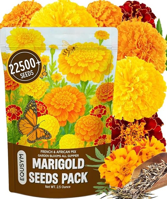 22,500+ Bulk Marigold Seeds Mix Cempasúchil - Tagetes erecta & T. patula｜High Germination Rate, Resealable Pouch, Flower Seeds for Beds, Borders & Companion Planting (2.5oz)