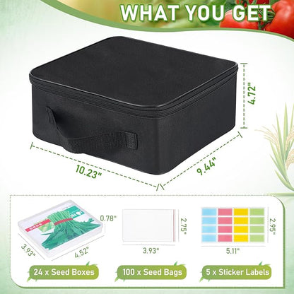 FACULX 24 Slots Seed Storage Organizer Box with Dual Zipper Bag, 100 Pcs Seed Sealed Bag and 80 Pcs Label Stickers,Seed Storage Container for Garden Vegetable Flower Plants Seeds Saving