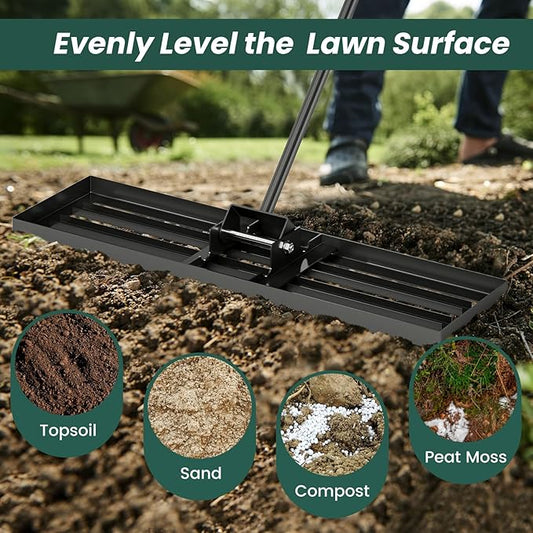 Goplus Lawn Leveling Rake, 36" x 10" Heavy Duty Level Lawn Tool w/ Ergonomic Handle for Soil, Effort-Saving Landscape Rake for Garden, Backyard, Golf Course, Farm, Pasture, Black