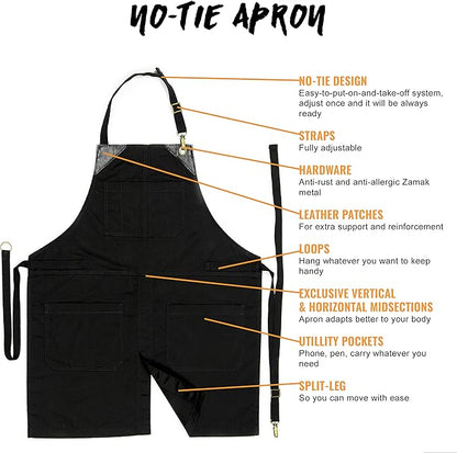 Under NY Sky No-Tie Twill Apron - Leather Reinforcement, Split-Leg