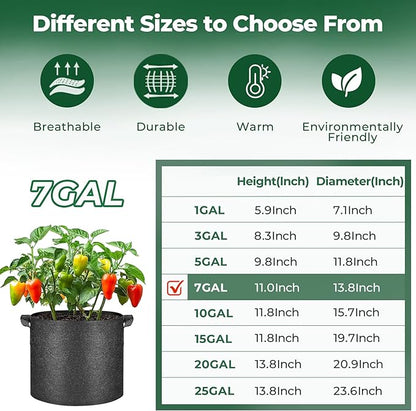 T4U Fabric Plant Grow Bags with Handle 7 Gallon Pack of 5, Heavy Duty Nonwoven Smart Garden Pot Thickened Aeration Nursery Container Black for Outdoor Potato, Tomato, Chili, Carrot and Vegetables