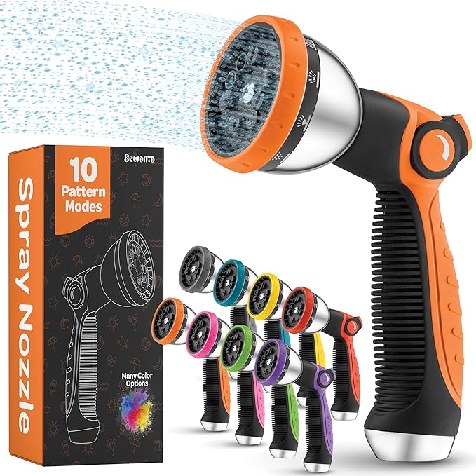 Hose Nozzle [Orange] Heavy Duty Hose Sprayer With 10 Adjustable Watering Patterns. Thumb Control Design, Comfortable Ergonomic Grip, Garden Hose Nozzle for Watering Plants & Lawns/Fun showers/Cleaning