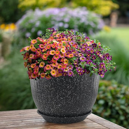12/10/9 inch Plant Pots, 3 Pack Flower Pots for Outdoor Indoor Garden Plants, Large Planters with Multi Mesh Drainage Holes and Saucer (Speckled Black, 12"+10"+9")