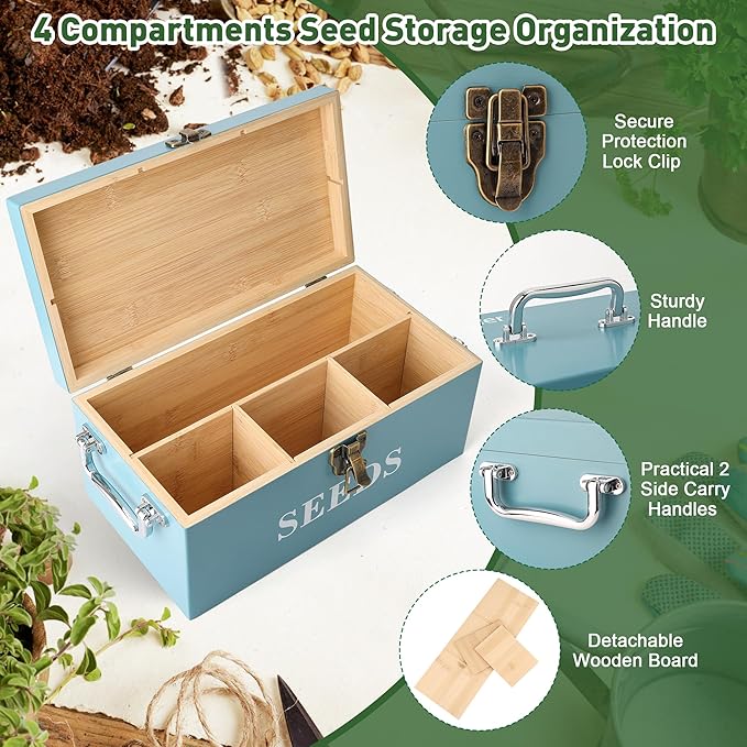 Coolrunner Wood Seed Saving Box, Seed Storage Organizer Case, Seed Packet Storage Organizer with Lock and 3 Handles, 30P Plant Labels, 30P Seeding Envelopes Bag (Blue)