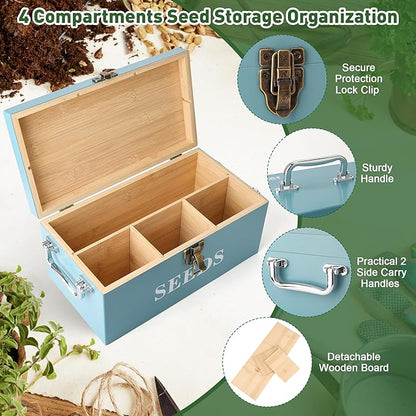 Coolrunner Wood Seed Saving Box, Seed Storage Organizer Case, Seed Packet Storage Organizer with Lock and 3 Handles, 30P Plant Labels, 30P Seeding Envelopes Bag (Blue)