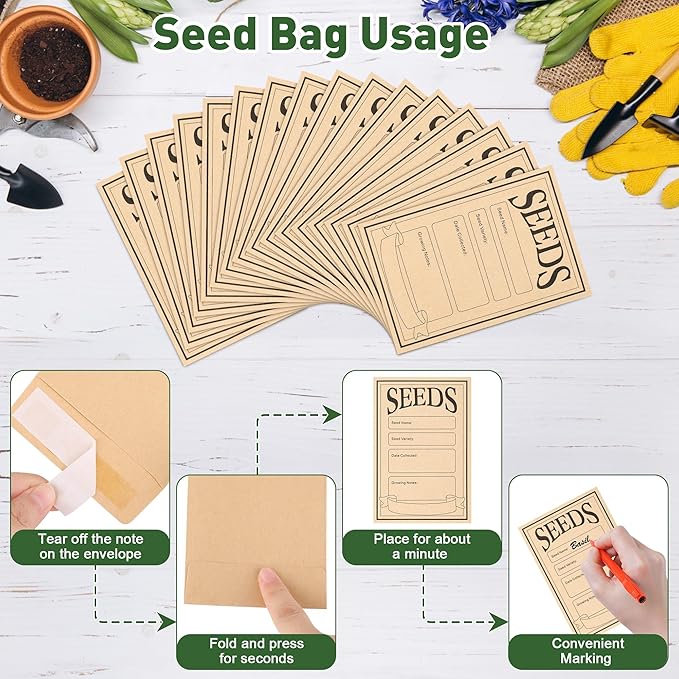Coolrunner Wood Seed Saving Box, Seed Storage Organizer Case, Seed Packet Storage Organizer with Lock and 3 Handles, 30P Plant Labels, 30P Seeding Envelopes Bag (Black)