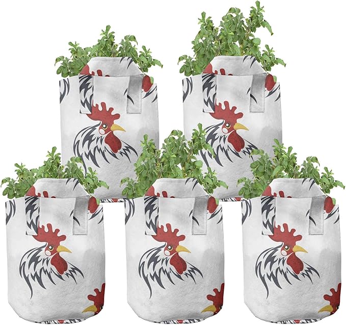 Ambesonne Rooster Grow Bags 5-Pack, Farm Animal Head Symbols, Heavyduty Fabric Pots with Handles for Plants, White Vermilion
