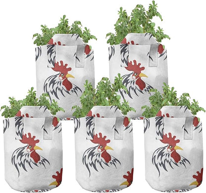Ambesonne Rooster Grow Bags 5-Pack, Farm Animal Head Symbols, Heavyduty Fabric Pots with Handles for Plants, White Vermilion