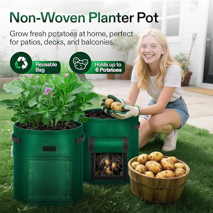 VIVOSUN 5-Pack 10 Gallon Potato Grow Bags for Growing Potatoes, Fabric Potato Pots with Handle and Roll-up Window, Potato Growing Containers Potato Planter Potato Planter for Growing Potatoes, Green
