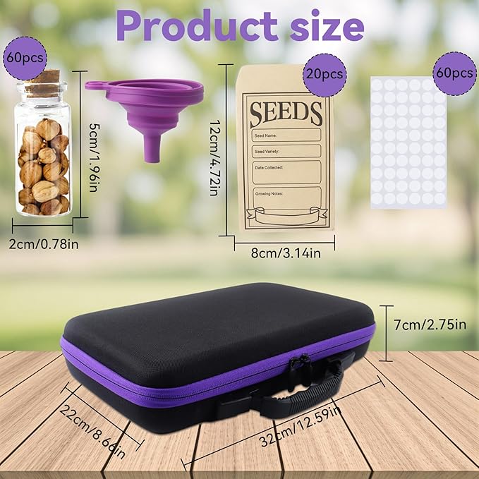 Klmnop 60 Slots Seed Storage Organizer with 20 Seed Envelopes, Seeds Storage Box with Double Zipper Bag Label Stickers Funnel for Flower Vegetable(Black)