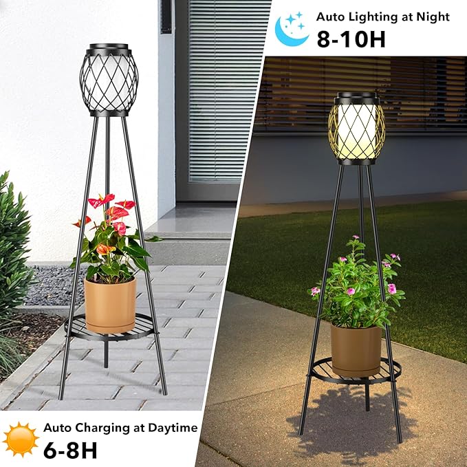 MXwcy Solar Lights Outdoor with Plant Stands 2 Pack, Solar Floor Lamp Metal Tripod Patio Lights for Garden Yard Pathway Driveway Front/Back Porch Decoration