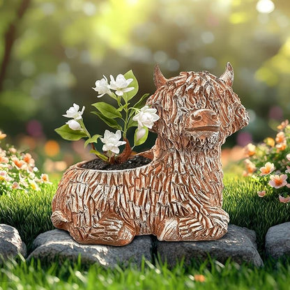 2Pcs Cute Highland Cow Planter Small Adorable Scottish Resin Flower Pot for Succulents Decorative Gift with Drainage Hole Farmhouse Home Decor for Plant Lover (Brown 5.9" L x 3.3" W)