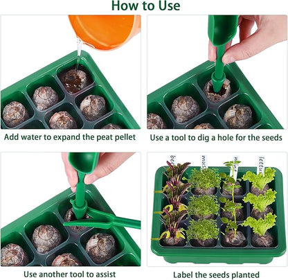 10 Sets Seed Starter Tray Kit Seed Starter Trays with Humidity Dome and Base Include 120 Peat Pellets 200 Plant Labels Garden Tools Plant Germination Tray Set for Indoor Outdoor Planting, Green