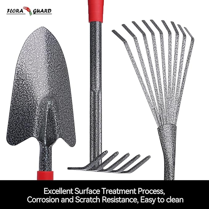 FLORA GUARD Garden Tools Set, 6-Piece Heavy Duty Gardening Hand Tools with Soft Rubber Handle, Includes Trowel, Rake, 2-in-1 Hoe & Crack Weeder, Durable Yard Tools, Essentials Garden Gift Men Women