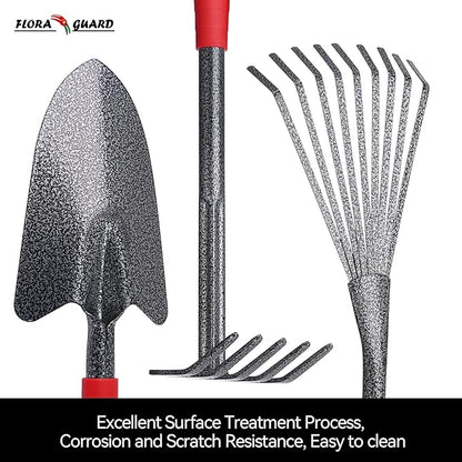 FLORA GUARD Garden Tools Set, 6-Piece Heavy Duty Gardening Hand Tools with Soft Rubber Handle, Includes Trowel, Rake, 2-in-1 Hoe & Crack Weeder, Durable Yard Tools, Essentials Garden Gift Men Women