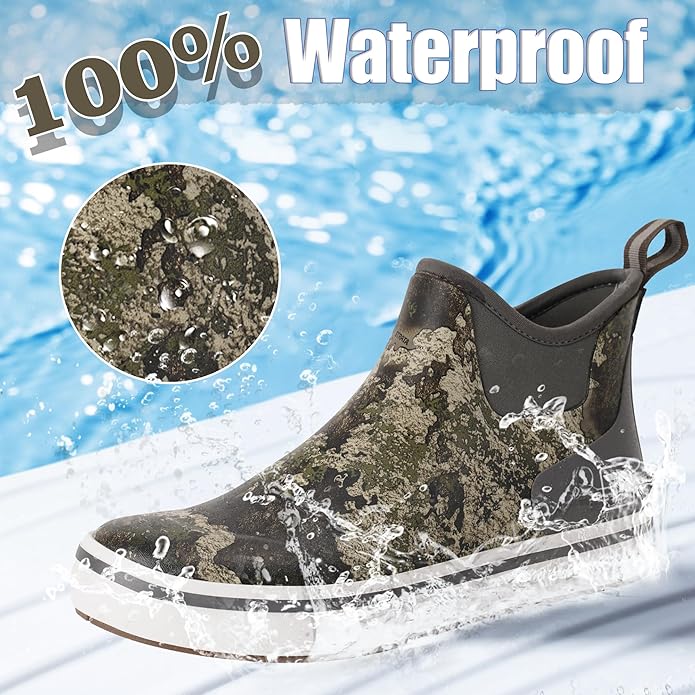 Trudave Mens Deck Boots, Waterproof Rubber Fishing Rain Boots, Anti-slip Short Ankle Shoes for Outdoor Fishing, Boating, Size 5-14