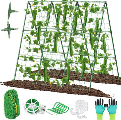 Cucumber Trellis for Raised Beds, 45 x 53 Inch Adjustable Size A-Frame Garden Trellis for Climbing Plant Outdoors with Climbing Net and Plant Support Clip for Vegetable Grape Tomato Bean Pea