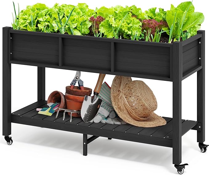 DWVO 47x18x3in Raised Garden Bed Outdoor HDPE with Legs and Lockable Wheels, Weather-Resistant Poly-Wood Elevated Planter Box, Double Tier Planters for Backyard Patio Balcony, Black