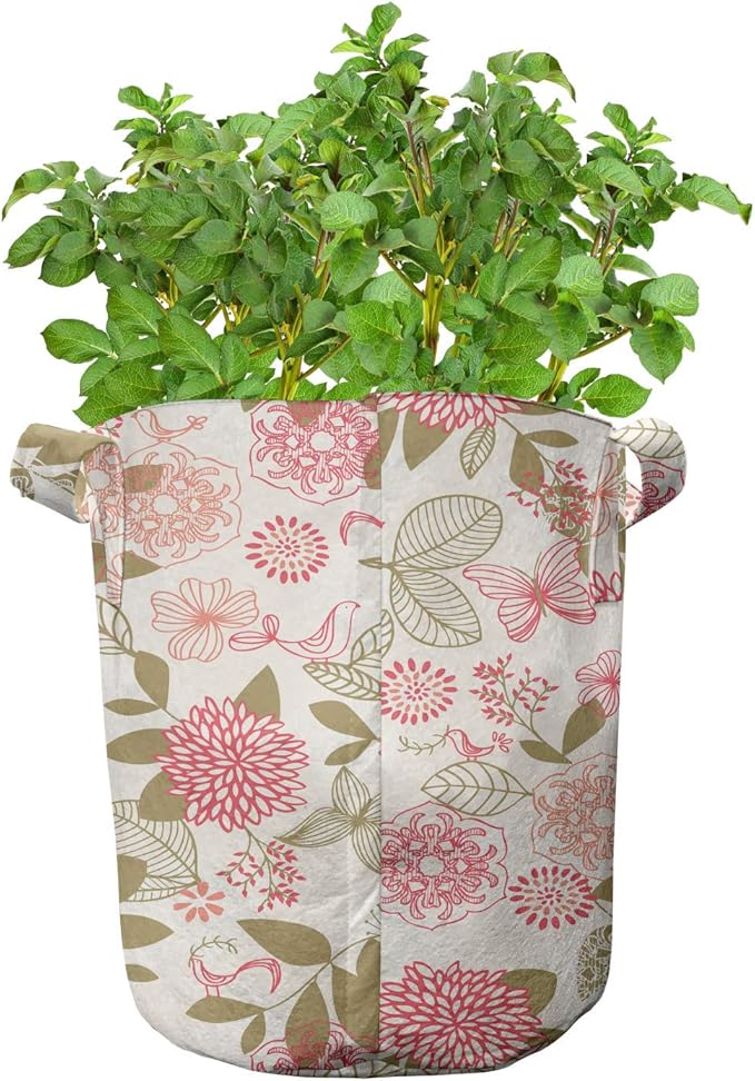 Ambesonne Vintage Grow Bags 5-Pack, Pink Chrysanthemum Flower, Heavyduty Fabric Pots with Handles for Plants, Pink Beige