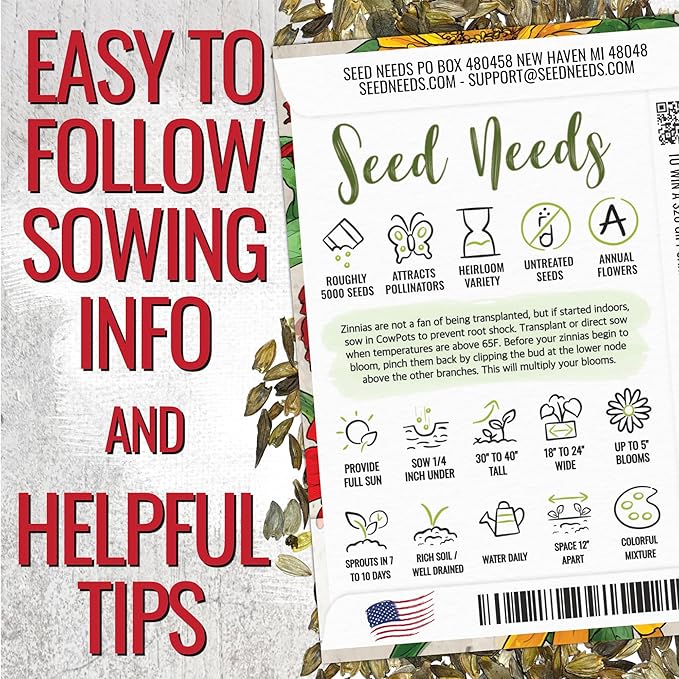 Seed Needs Zinnia Seeds California Giants Variety | 5,000+ Heirloom Seeds Zinnia Elegans Open Pollinated | Prolific Large Multicolor Blooms Makes a Great Cut Flower | Bulk