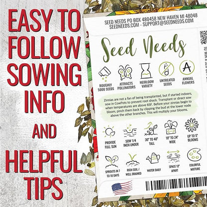 Seed Needs Zinnia Seeds California Giants Variety | 5,000+ Heirloom Seeds Zinnia Elegans Open Pollinated | Prolific Large Multicolor Blooms Makes a Great Cut Flower | Bulk