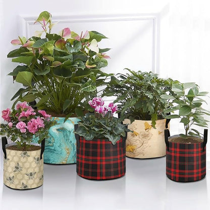 7 Gallon Black Red Tartan Plaid Scottish Pattern Breathable Grow Bag Heavy Duty Thickened Plant Pot Containers Bag with Handles for Potato Tomato Flowers Fruits Vegetables