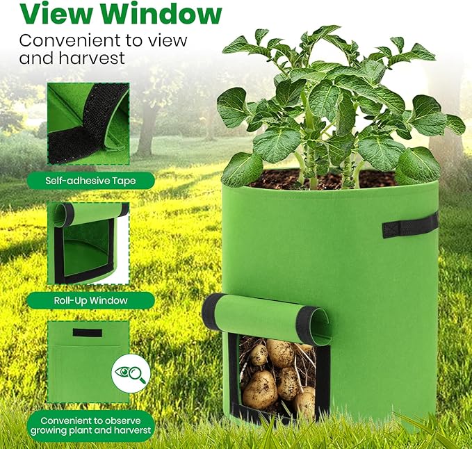 6 Pack Potato Grow Bags, 10 Gallon Planting Bags Large Fabric Pots with Flap Window Vegetable Planter Garden Pot Tall Potato Growing Containers with Handles for Vegetables, Fruits and More, Green