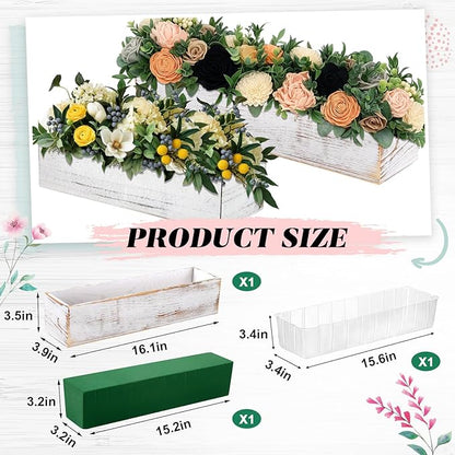 Dandat 1 Set Wood Boxes for Centerpieces 16x4 Inch Rectangle Wooden Planter Box Rustic Wooden Planters with Removable Plastic Liner Floral Foam Blocks for Christmas Wedding Home Garden Decor(White)