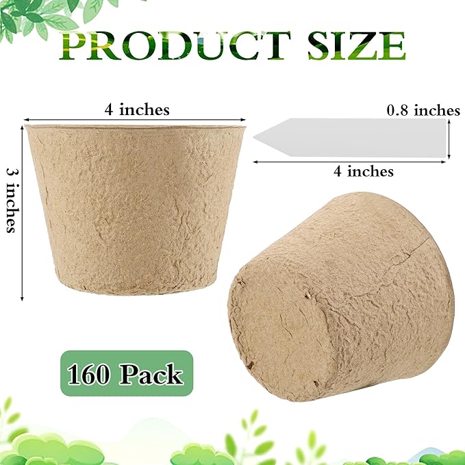 160 Pieces Peat Pots Seed Starters 4 Inch Peat Pots Round Biodegradable Seed Starting Pots with 160 Plant Labels, Planter Nursery Pots with Drainage Holes for Vegetable Seed
