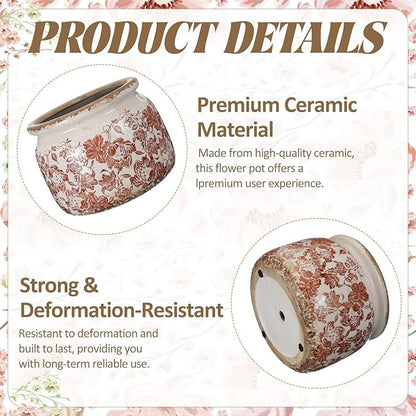 7.7" Large Ceramic Plant Pot Beige Brown Vintage Peony Crackle Glaze Rustic Flowers Pot Decorative Planter with Drainage for Indoor Outdoor Plants Home Kitchen Office Decor Gift