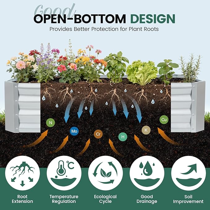 G GOOD GAIN 4x2x1ft Raised Garden Bed – Galvanized Metal Planter Box for Vegetables, Flowers, Herbs, Fruits – Outdoor Garden Beds with Open Bottom, Sliver