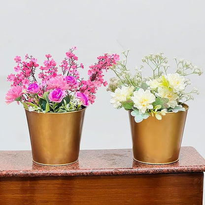 Hosley Set of 2 Gold Bucket/Pots with PVC Liner, 6.5" Dia x 6" H Ideal Gift for Floral Arrangements Wedding Home Office Party DIY Indoor Outdoor Garden Patio